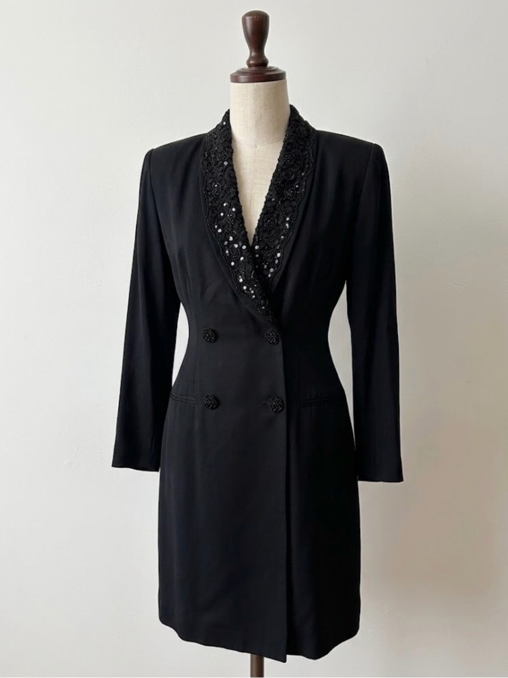 Vtg Beaded Sequin Blazer Tuxedo Dress Double Breasted 8P Whimsigoth Cocktail
